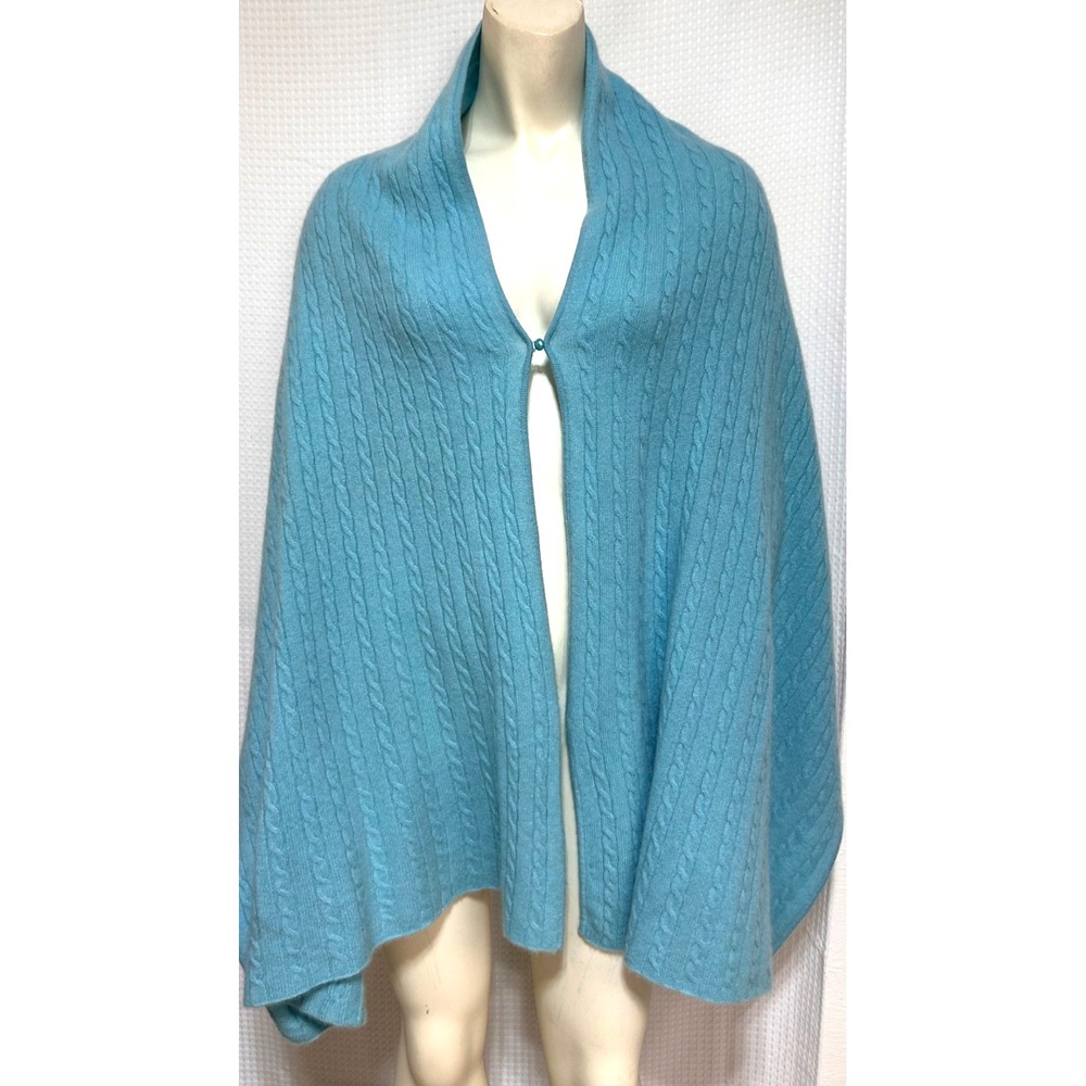 Cashmere Soft Blue Cable Knit Poncho Sweater OS One Size Cape Pearl Button b3